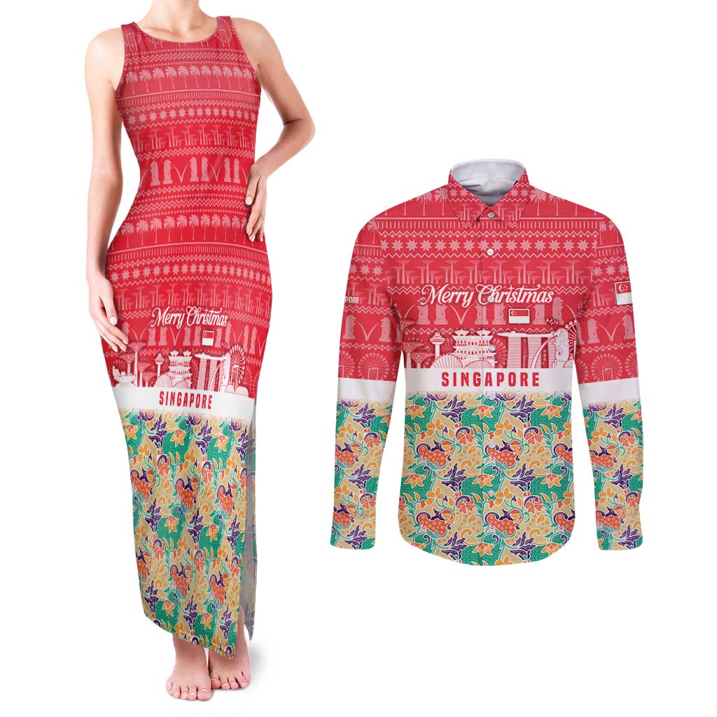Singapore Christmas Couples Matching Tank Maxi Dress and Long Sleeve Button Shirt with Skyline Batik Patterns Landmark Silhouettes and Festive Design - Wonder Print Shop