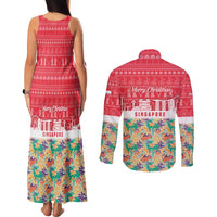 Singapore Christmas Couples Matching Tank Maxi Dress and Long Sleeve Button Shirt with Skyline Batik Patterns Landmark Silhouettes and Festive Design - Wonder Print Shop