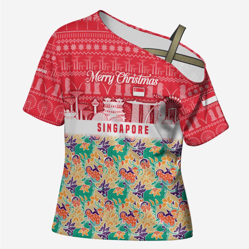 Singapore Christmas Cross Shoulder Shirt with Skyline Batik Patterns Landmark Silhouettes and Festive Design - Wonder Print Shop