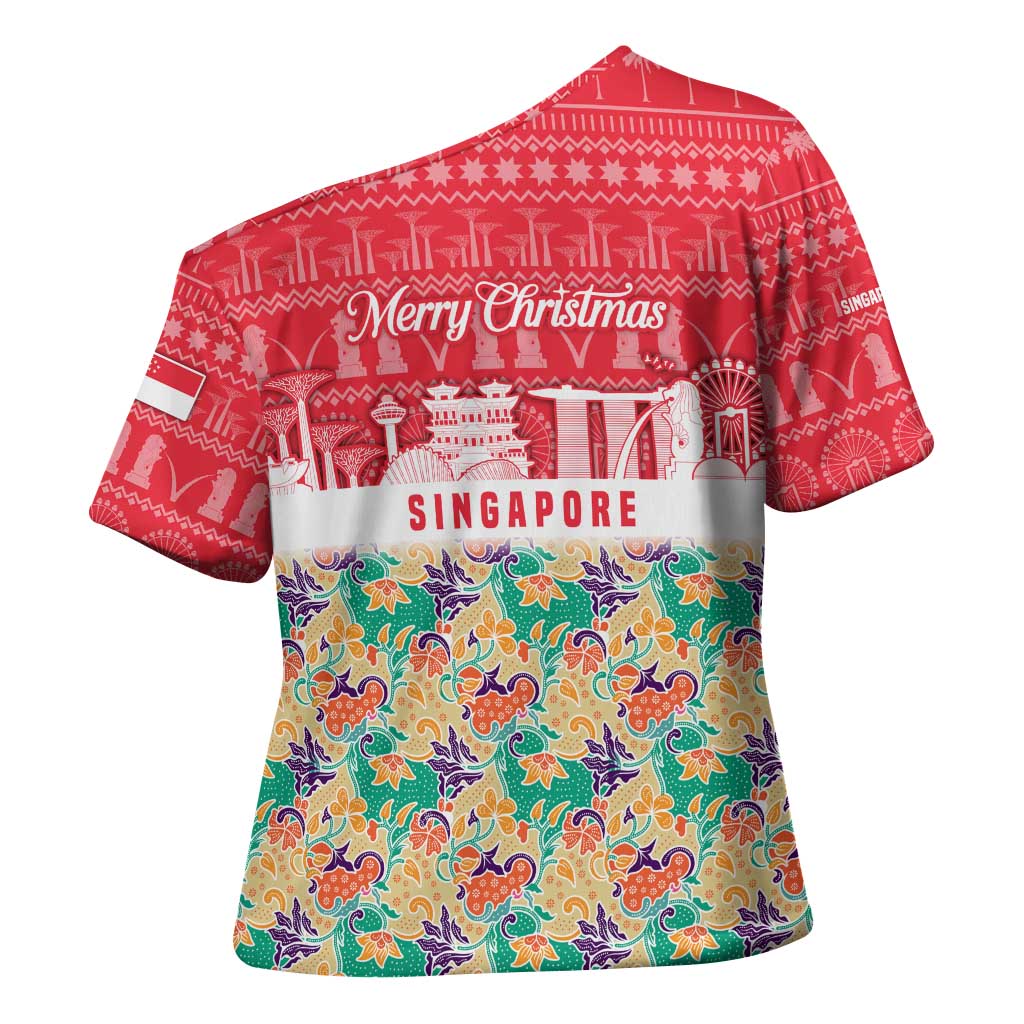 Singapore Christmas Cross Shoulder Shirt with Skyline Batik Patterns Landmark Silhouettes and Festive Design - Wonder Print Shop
