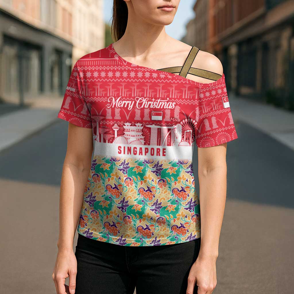 Singapore Christmas Cross Shoulder Shirt with Skyline Batik Patterns Landmark Silhouettes and Festive Design - Wonder Print Shop