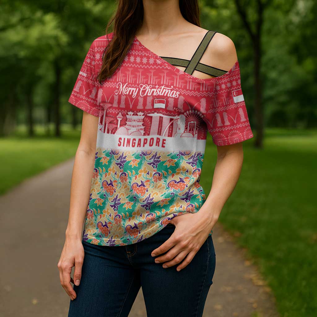 Singapore Christmas Cross Shoulder Shirt with Skyline Batik Patterns Landmark Silhouettes and Festive Design - Wonder Print Shop