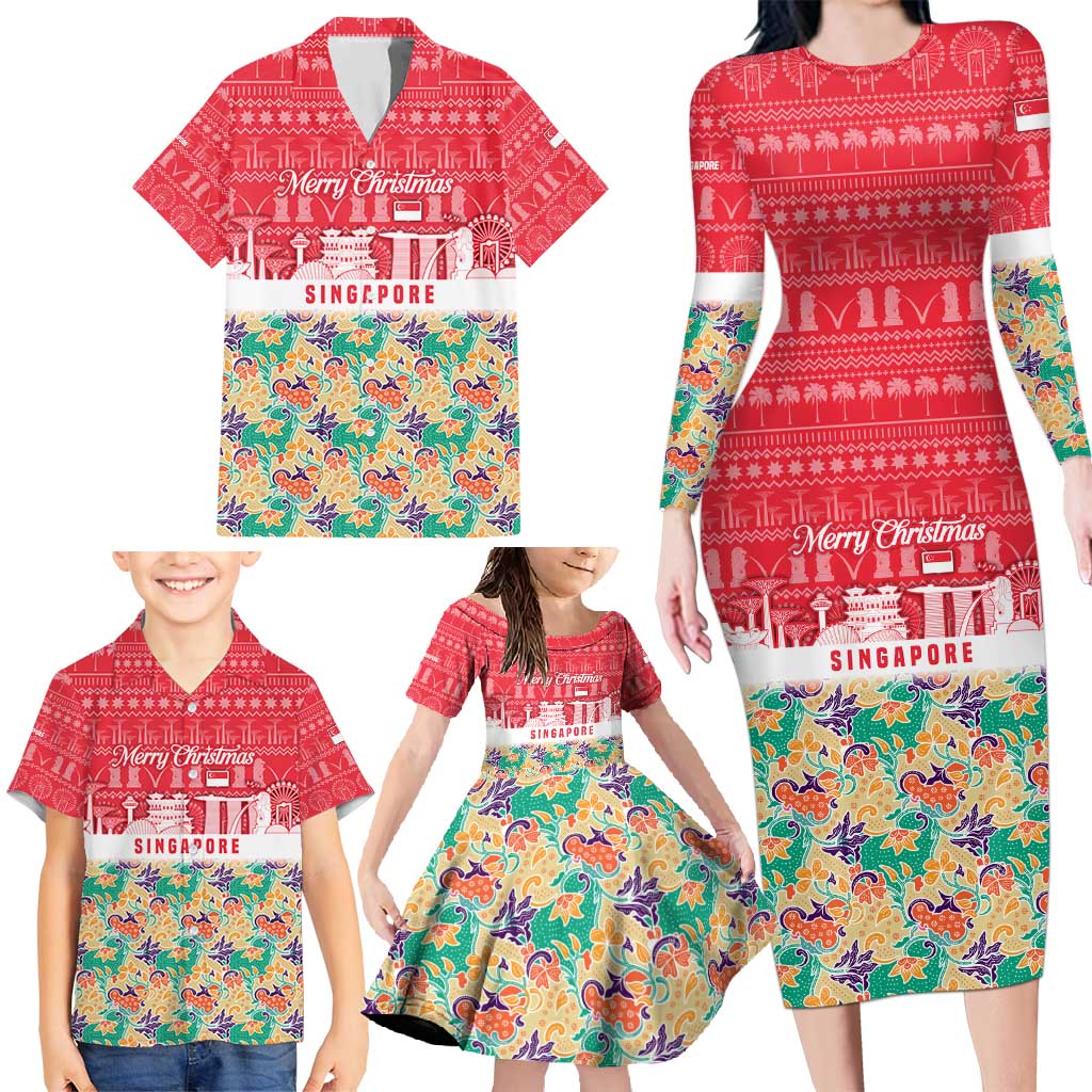 Singapore Christmas Family Matching Long Sleeve Bodycon Dress and Hawaiian Shirt with Skyline Batik Patterns Landmark Silhouettes and Festive Design - Wonder Print Shop
