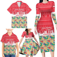 Singapore Christmas Family Matching Long Sleeve Bodycon Dress and Hawaiian Shirt with Skyline Batik Patterns Landmark Silhouettes and Festive Design - Wonder Print Shop