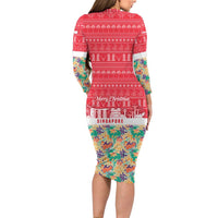 Singapore Christmas Family Matching Long Sleeve Bodycon Dress and Hawaiian Shirt with Skyline Batik Patterns Landmark Silhouettes and Festive Design - Wonder Print Shop