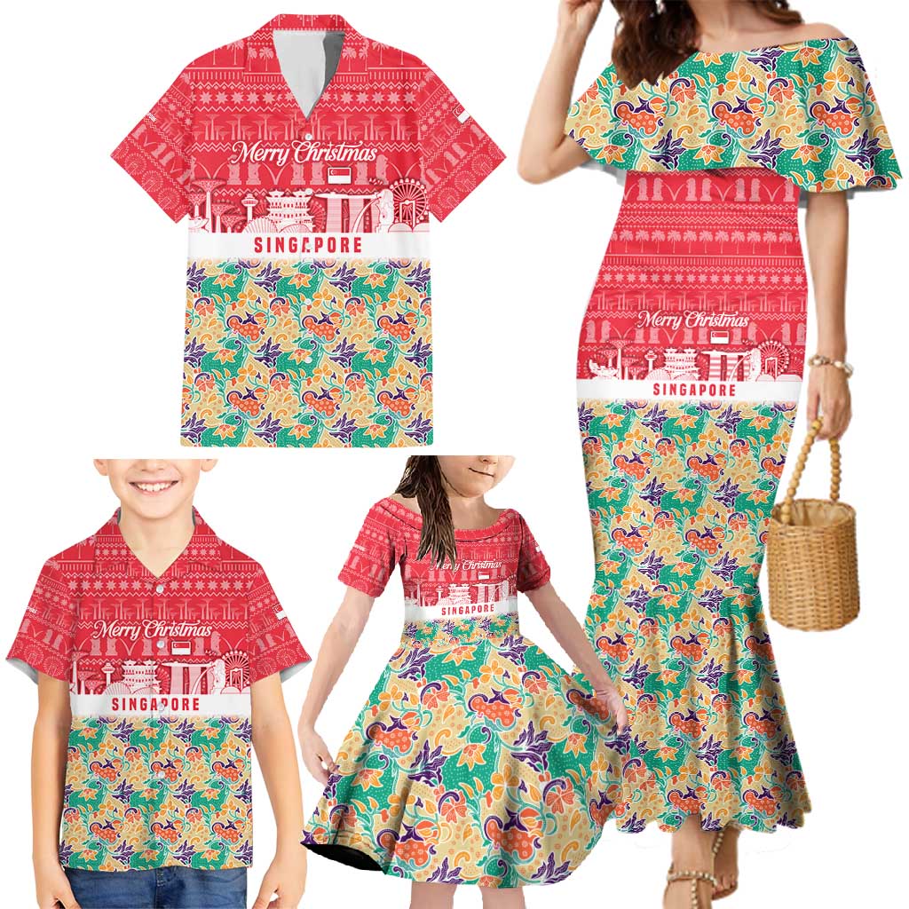 Singapore Christmas Family Matching Mermaid Dress and Hawaiian Shirt with Skyline Batik Patterns Landmark Silhouettes and Festive Design - Wonder Print Shop