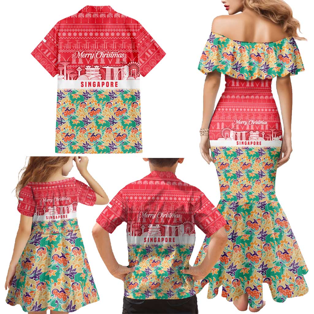 Singapore Christmas Family Matching Mermaid Dress and Hawaiian Shirt with Skyline Batik Patterns Landmark Silhouettes and Festive Design - Wonder Print Shop