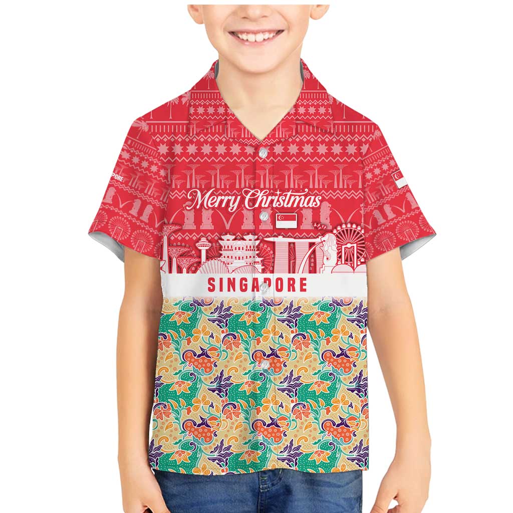 Singapore Christmas Family Matching Mermaid Dress and Hawaiian Shirt with Skyline Batik Patterns Landmark Silhouettes and Festive Design - Wonder Print Shop
