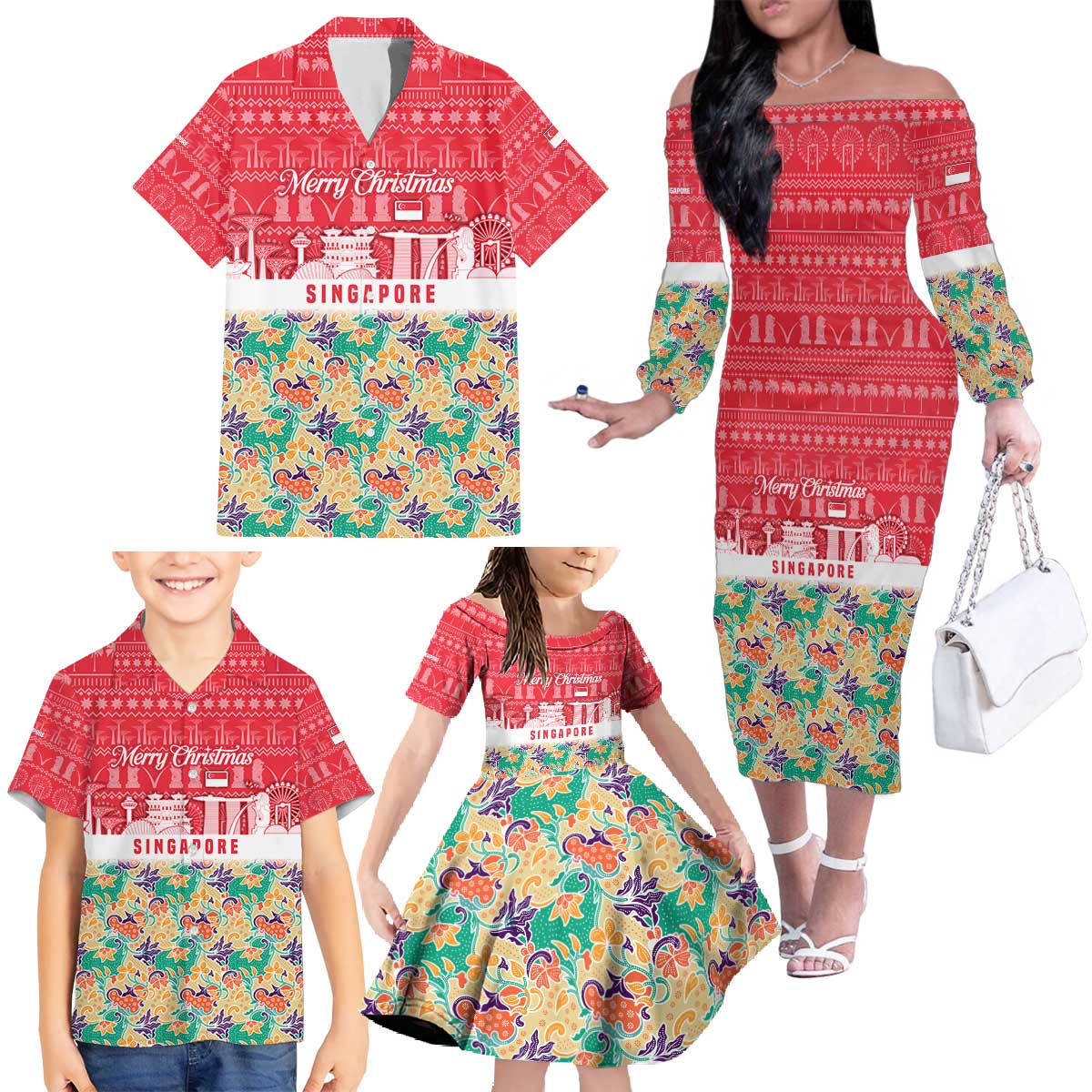 Singapore Christmas Family Matching Off The Shoulder Long Sleeve Dress and Hawaiian Shirt with Skyline Batik Patterns Landmark Silhouettes and Festive Design - Wonder Print Shop
