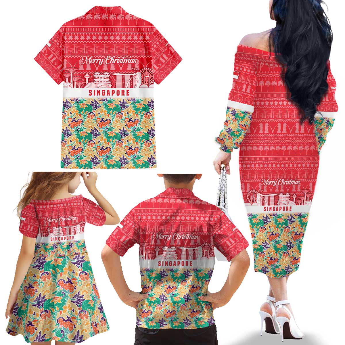 Singapore Christmas Family Matching Off The Shoulder Long Sleeve Dress and Hawaiian Shirt with Skyline Batik Patterns Landmark Silhouettes and Festive Design - Wonder Print Shop