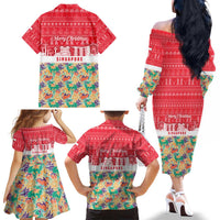 Singapore Christmas Family Matching Off The Shoulder Long Sleeve Dress and Hawaiian Shirt with Skyline Batik Patterns Landmark Silhouettes and Festive Design - Wonder Print Shop