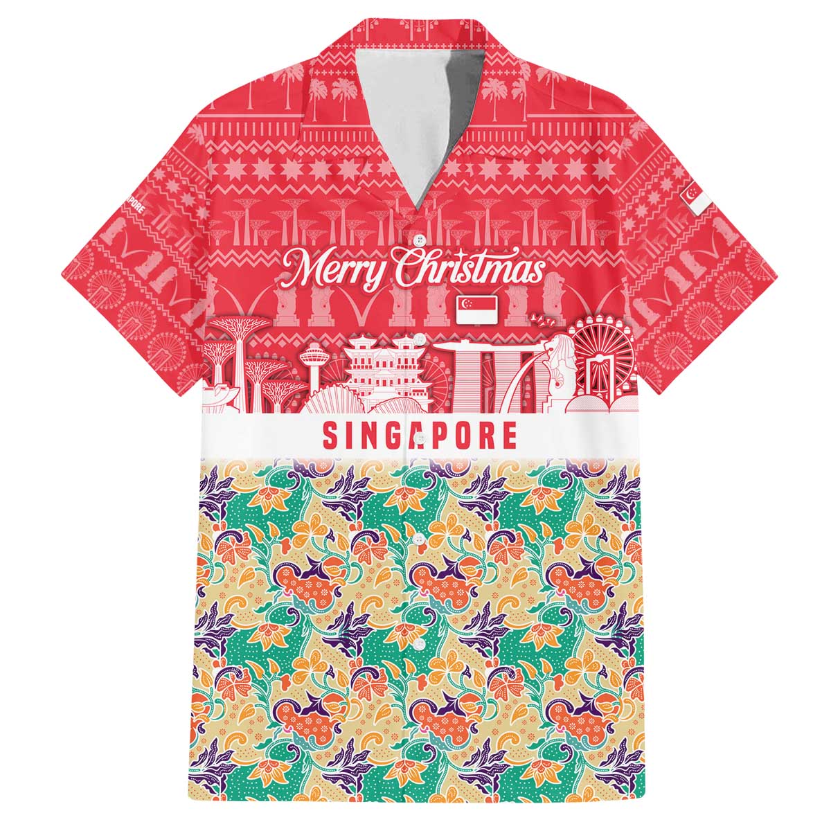 Singapore Christmas Family Matching Off The Shoulder Long Sleeve Dress and Hawaiian Shirt with Skyline Batik Patterns Landmark Silhouettes and Festive Design - Wonder Print Shop