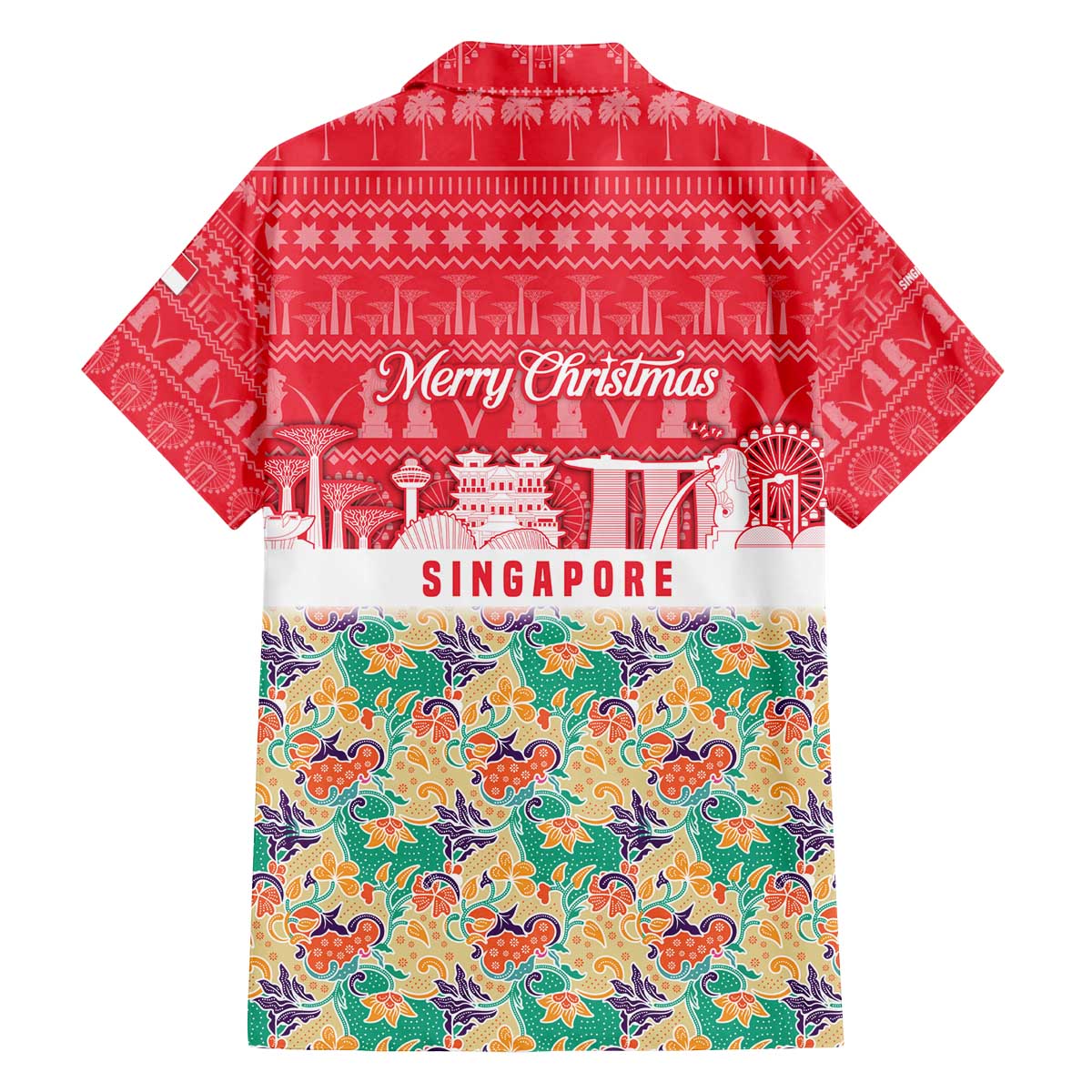 Singapore Christmas Family Matching Off The Shoulder Long Sleeve Dress and Hawaiian Shirt with Skyline Batik Patterns Landmark Silhouettes and Festive Design - Wonder Print Shop