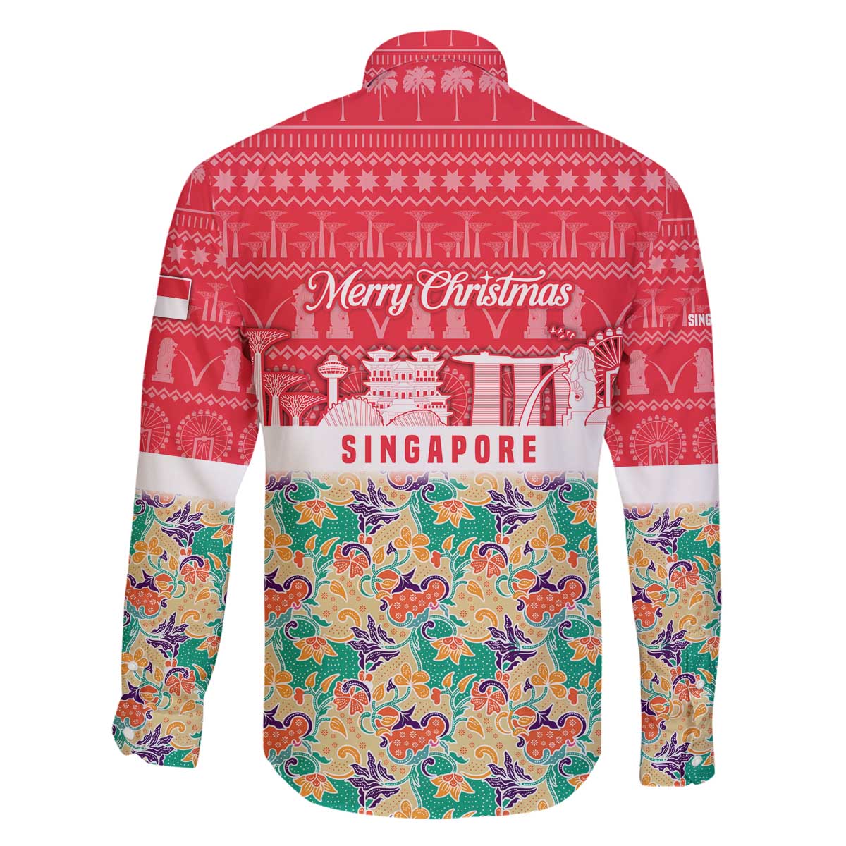 Singapore Christmas Family Matching Off The Shoulder Long Sleeve Dress and Hawaiian Shirt with Skyline Batik Patterns Landmark Silhouettes and Festive Design - Wonder Print Shop