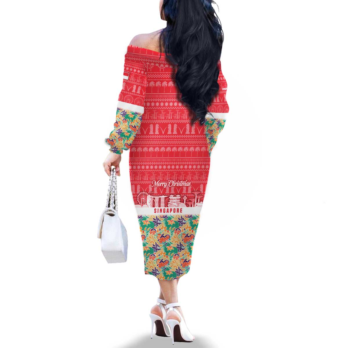 Singapore Christmas Family Matching Off The Shoulder Long Sleeve Dress and Hawaiian Shirt with Skyline Batik Patterns Landmark Silhouettes and Festive Design - Wonder Print Shop