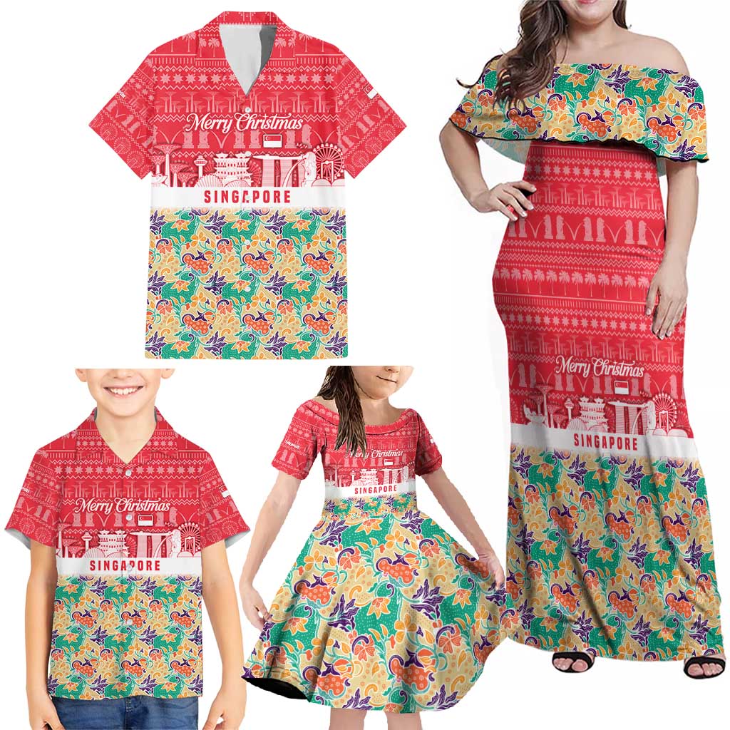 Singapore Christmas Family Matching Off Shoulder Maxi Dress and Hawaiian Shirt with Skyline Batik Patterns Landmark Silhouettes and Festive Design - Wonder Print Shop