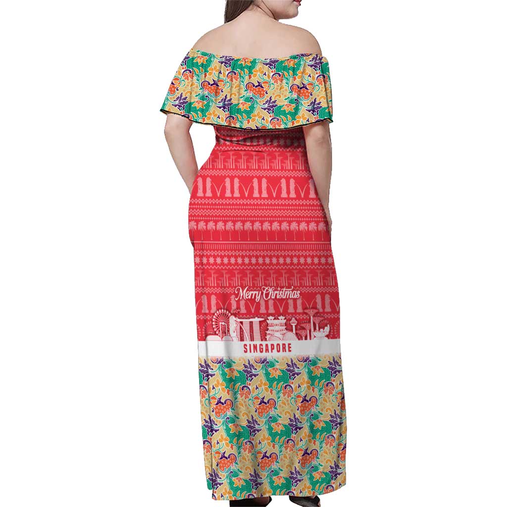 Singapore Christmas Family Matching Off Shoulder Maxi Dress and Hawaiian Shirt with Skyline Batik Patterns Landmark Silhouettes and Festive Design - Wonder Print Shop