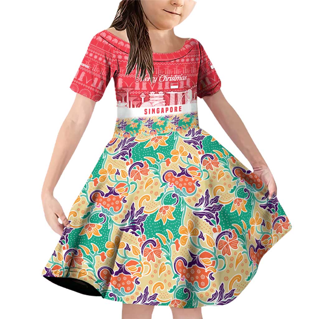 Singapore Christmas Family Matching Off Shoulder Short Dress and Hawaiian Shirt with Skyline Batik Patterns Landmark Silhouettes and Festive Design - Wonder Print Shop
