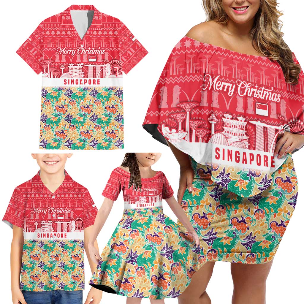 Singapore Christmas Family Matching Off Shoulder Short Dress and Hawaiian Shirt with Skyline Batik Patterns Landmark Silhouettes and Festive Design - Wonder Print Shop
