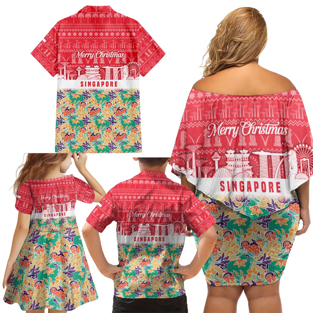 Singapore Christmas Family Matching Off Shoulder Short Dress and Hawaiian Shirt with Skyline Batik Patterns Landmark Silhouettes and Festive Design - Wonder Print Shop