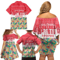 Singapore Christmas Family Matching Off Shoulder Short Dress and Hawaiian Shirt with Skyline Batik Patterns Landmark Silhouettes and Festive Design - Wonder Print Shop