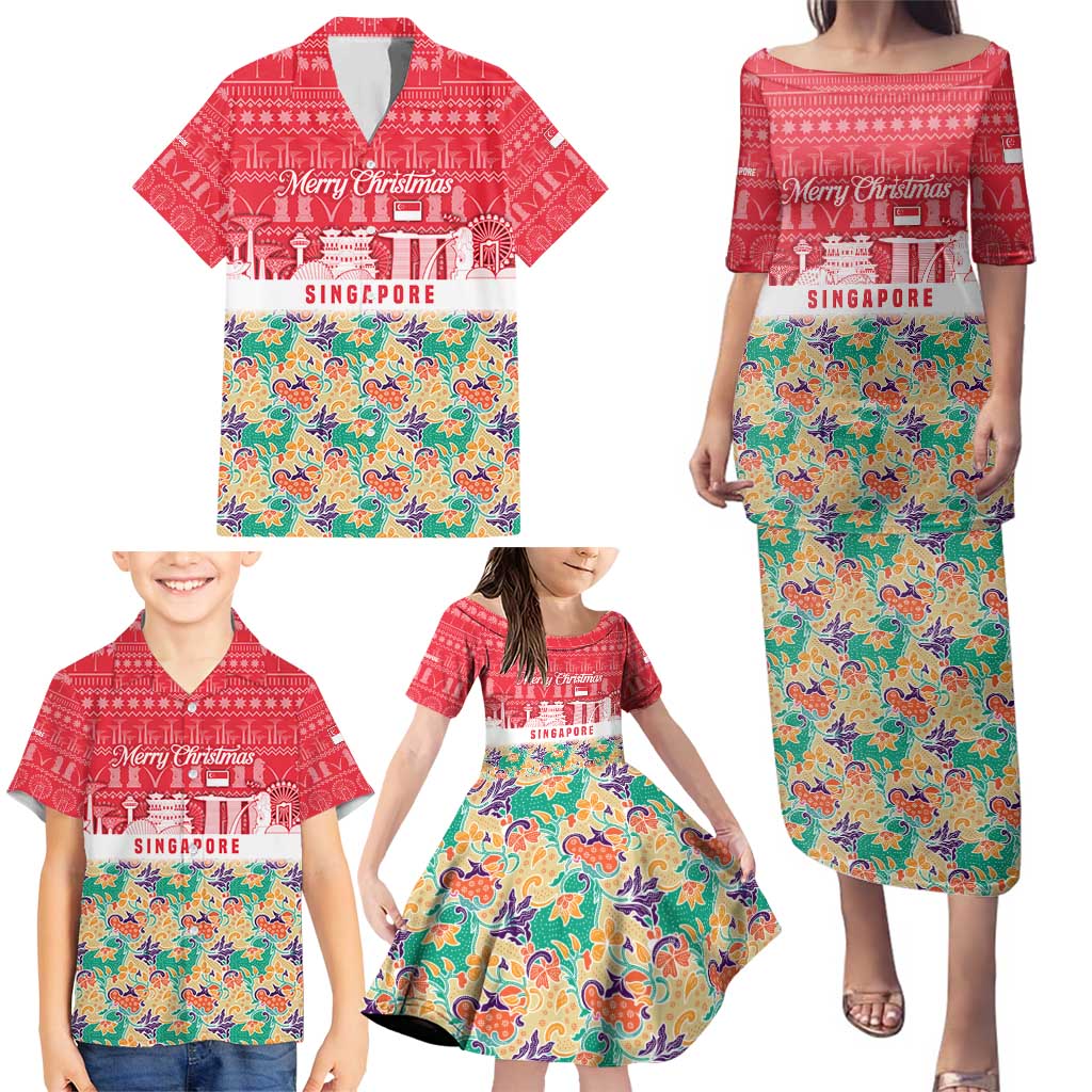 Singapore Christmas Family Matching Puletasi and Hawaiian Shirt with Skyline Batik Patterns Landmark Silhouettes and Festive Design - Wonder Print Shop