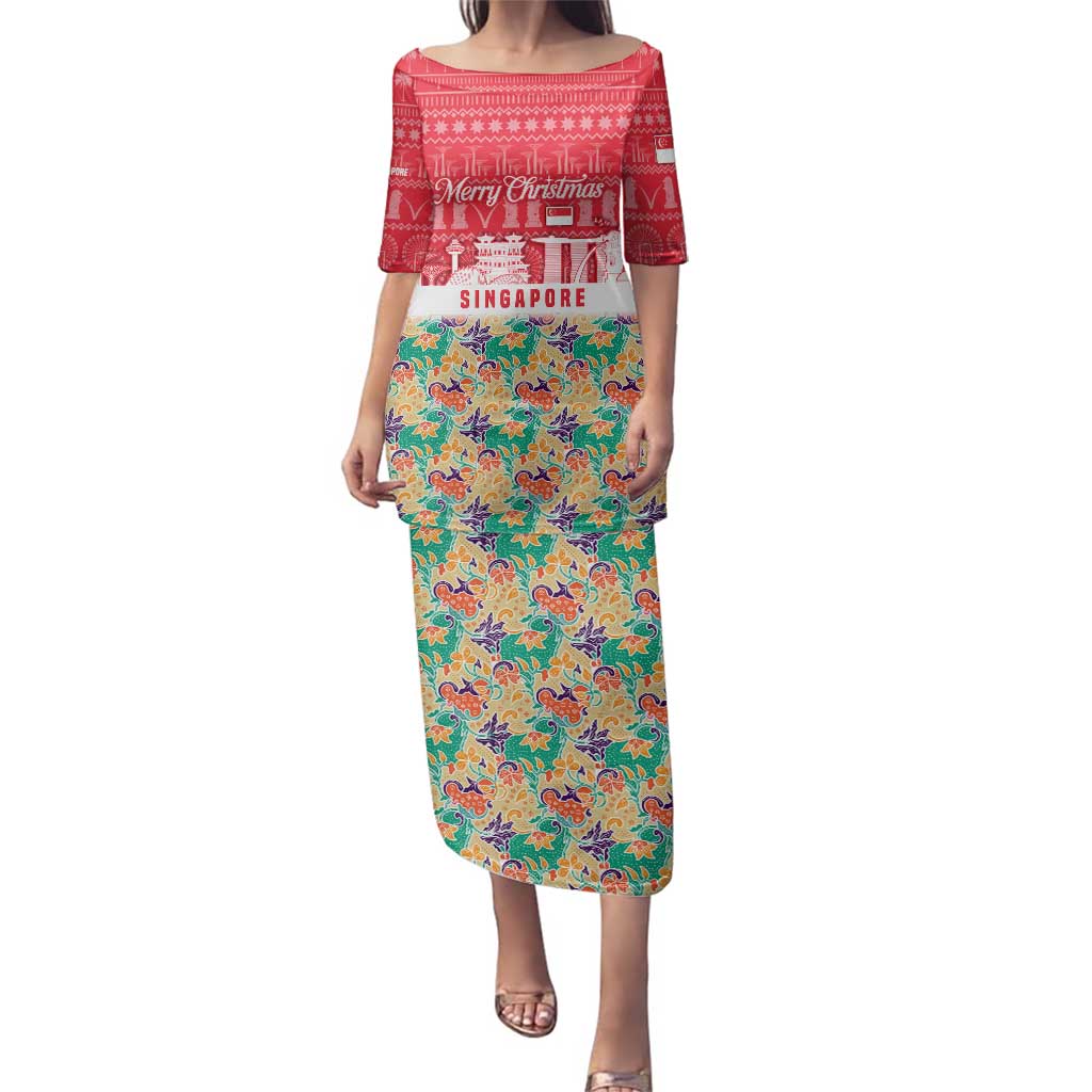 Singapore Christmas Family Matching Puletasi and Hawaiian Shirt with Skyline Batik Patterns Landmark Silhouettes and Festive Design - Wonder Print Shop