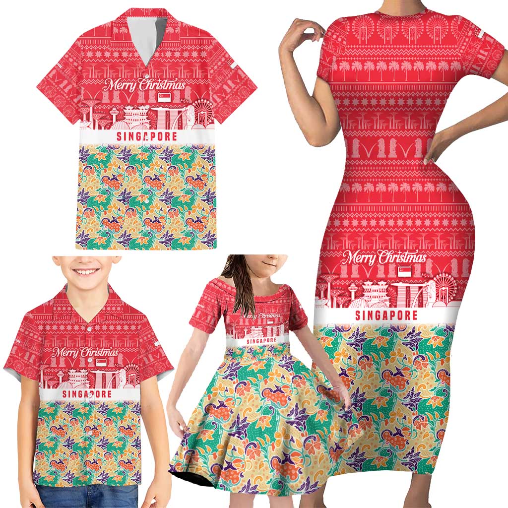 Singapore Christmas Family Matching Short Sleeve Bodycon Dress and Hawaiian Shirt with Skyline Batik Patterns Landmark Silhouettes and Festive Design - Wonder Print Shop