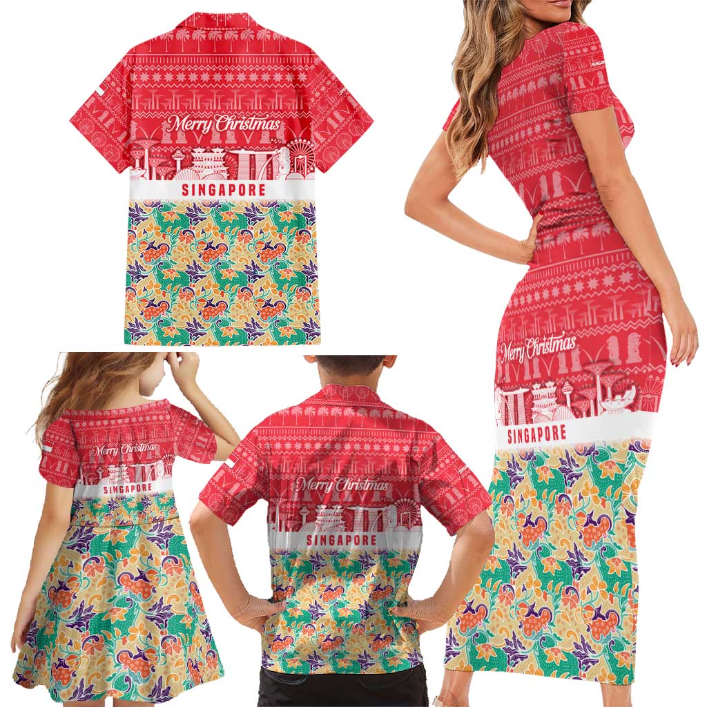 Singapore Christmas Family Matching Short Sleeve Bodycon Dress and Hawaiian Shirt with Skyline Batik Patterns Landmark Silhouettes and Festive Design - Wonder Print Shop