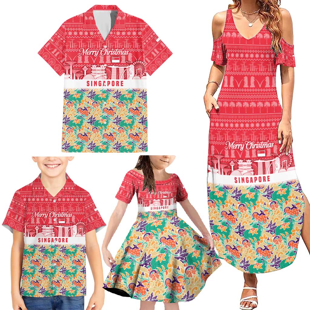 Singapore Christmas Family Matching Summer Maxi Dress and Hawaiian Shirt with Skyline Batik Patterns Landmark Silhouettes and Festive Design - Wonder Print Shop