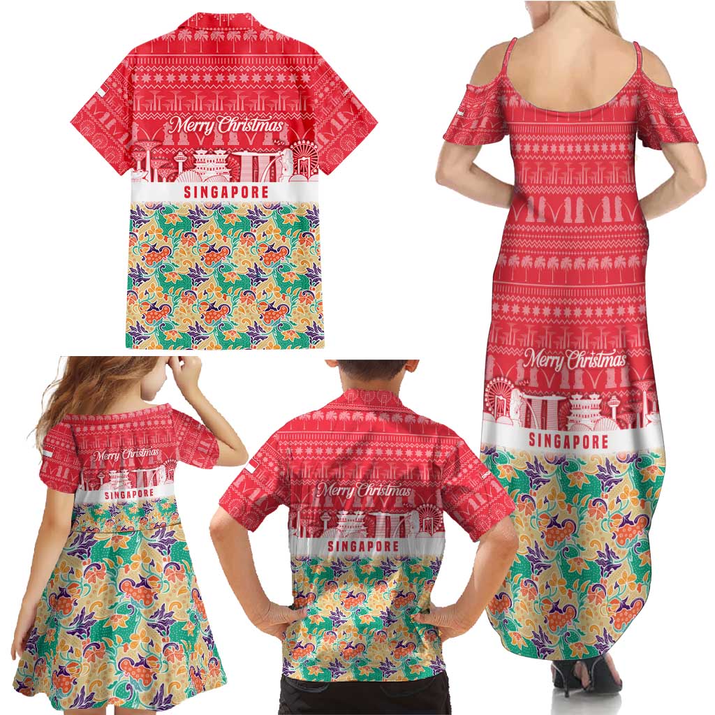 Singapore Christmas Family Matching Summer Maxi Dress and Hawaiian Shirt with Skyline Batik Patterns Landmark Silhouettes and Festive Design - Wonder Print Shop