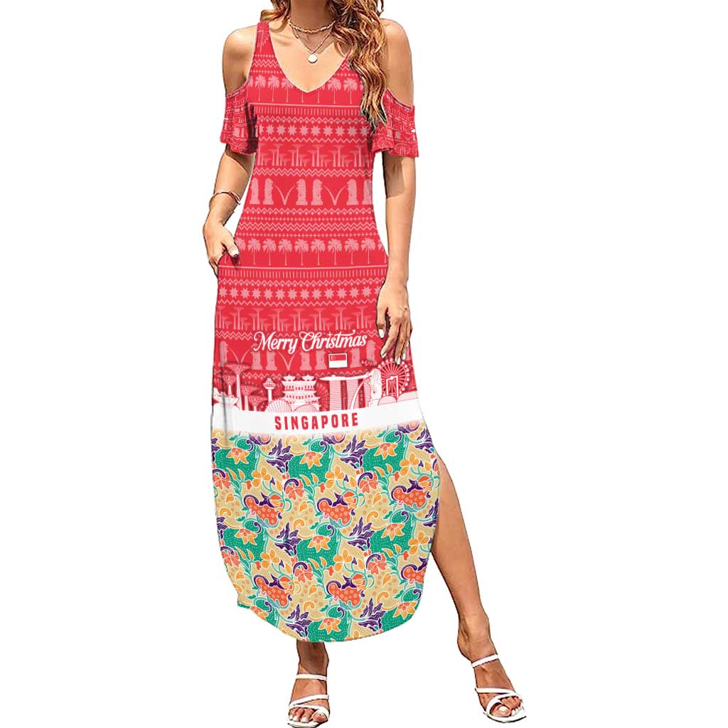Singapore Christmas Family Matching Summer Maxi Dress and Hawaiian Shirt with Skyline Batik Patterns Landmark Silhouettes and Festive Design - Wonder Print Shop