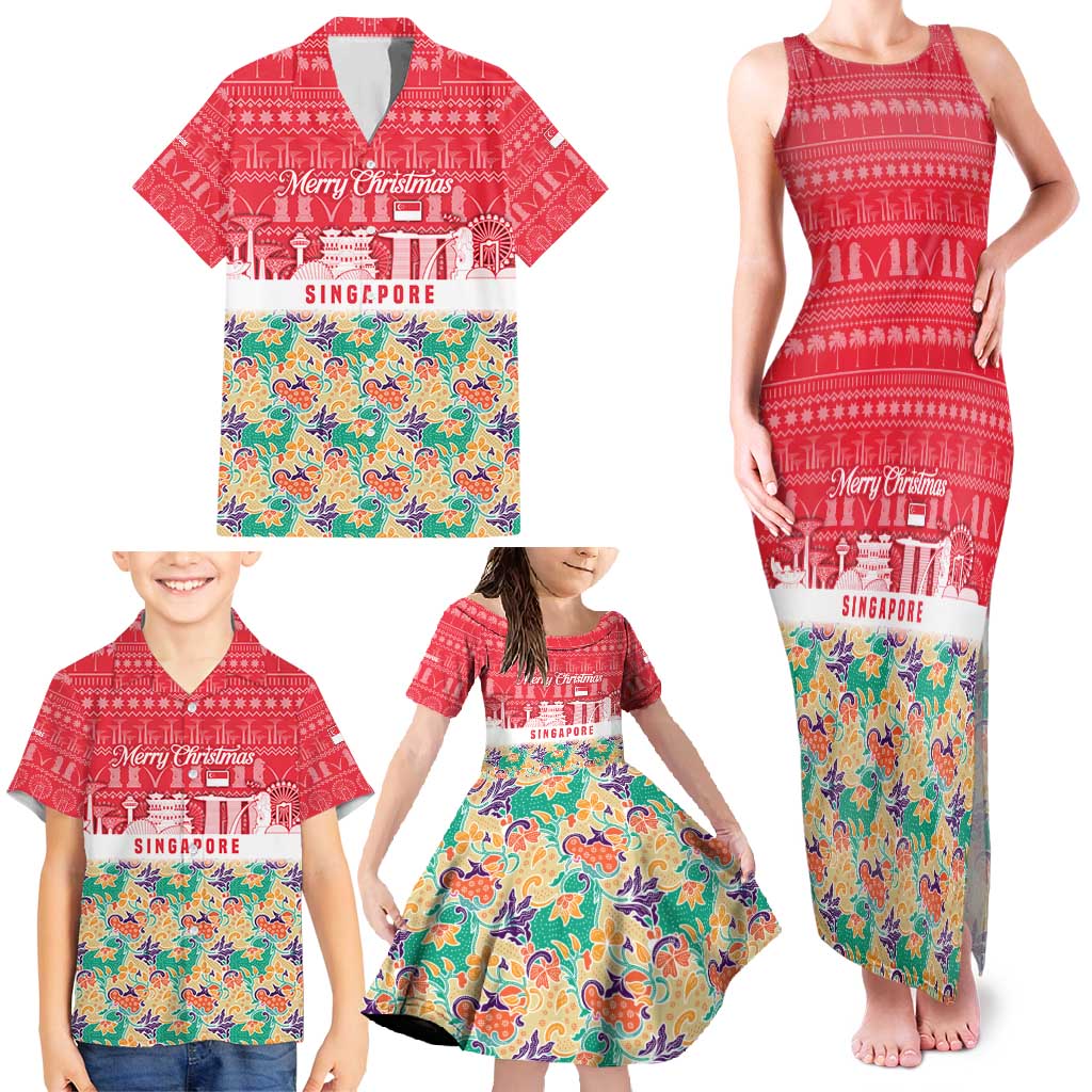 Singapore Christmas Family Matching Tank Maxi Dress and Hawaiian Shirt with Skyline Batik Patterns Landmark Silhouettes and Festive Design - Wonder Print Shop