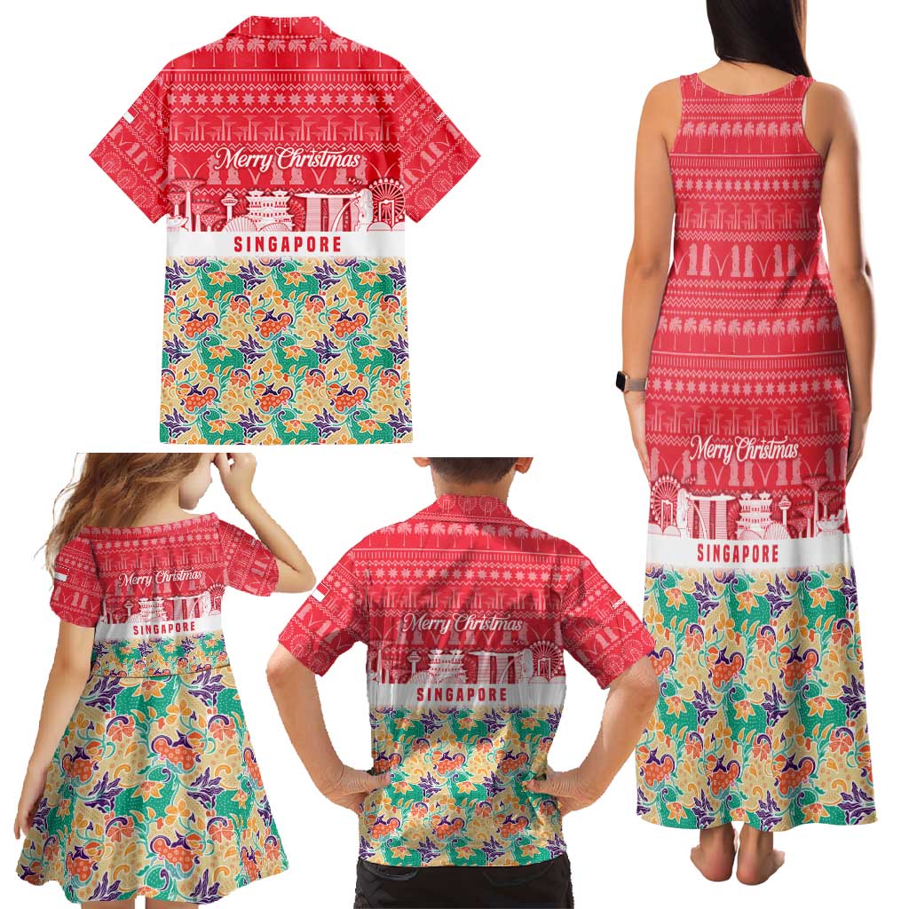 Singapore Christmas Family Matching Tank Maxi Dress and Hawaiian Shirt with Skyline Batik Patterns Landmark Silhouettes and Festive Design - Wonder Print Shop