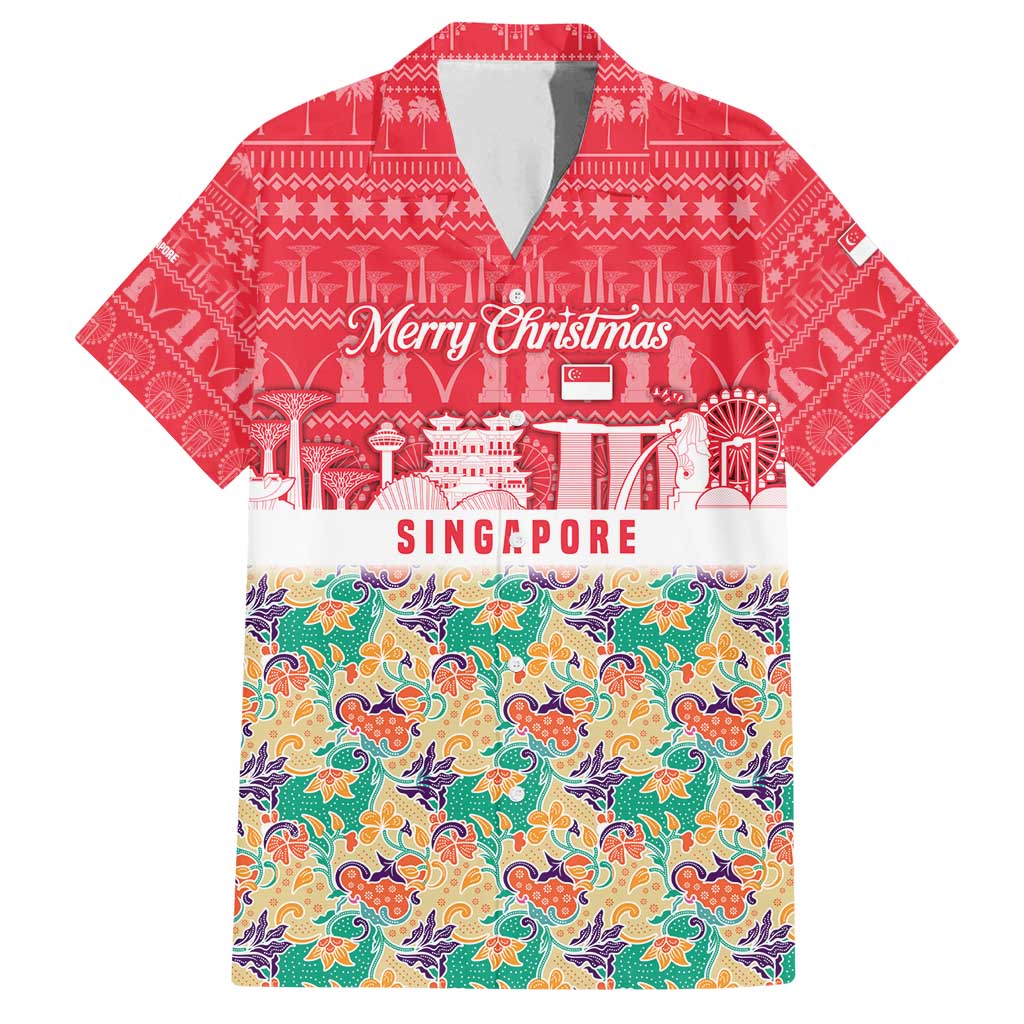 Singapore Christmas Family Matching Tank Maxi Dress and Hawaiian Shirt with Skyline Batik Patterns Landmark Silhouettes and Festive Design - Wonder Print Shop