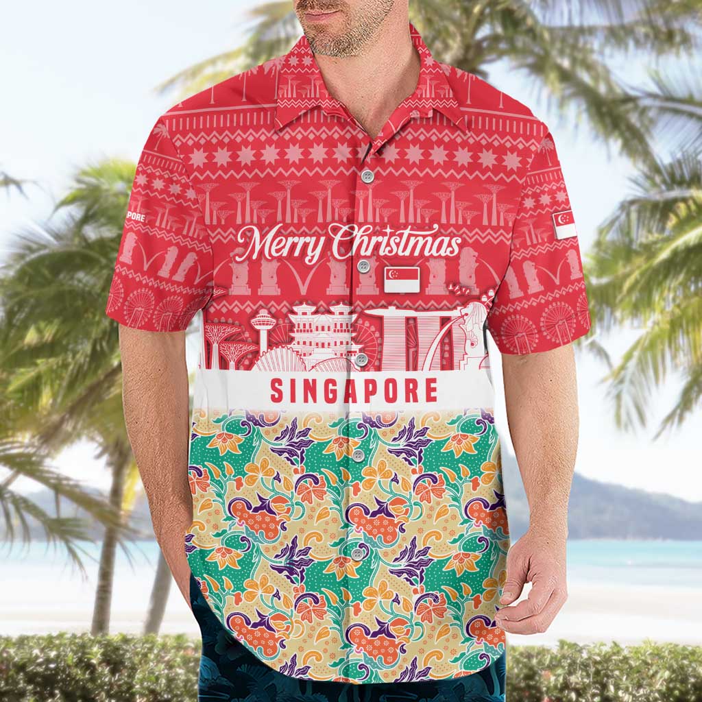 Singapore Christmas Hawaiian Shirt with Skyline Batik Patterns Landmark Silhouettes and Festive Design - Wonder Print Shop