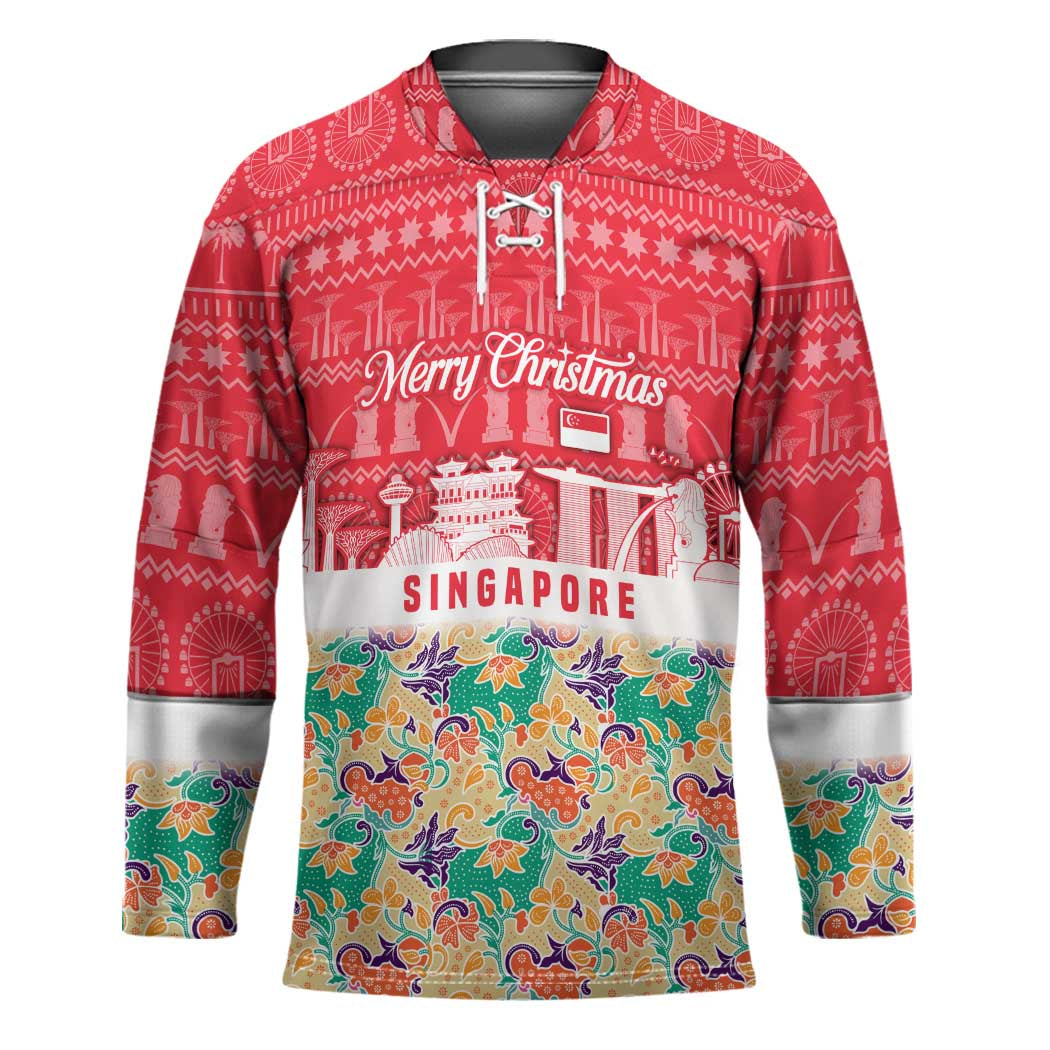 Singapore Christmas Hockey Jersey with Skyline Batik Patterns Landmark Silhouettes and Festive Design - Wonder Print Shop