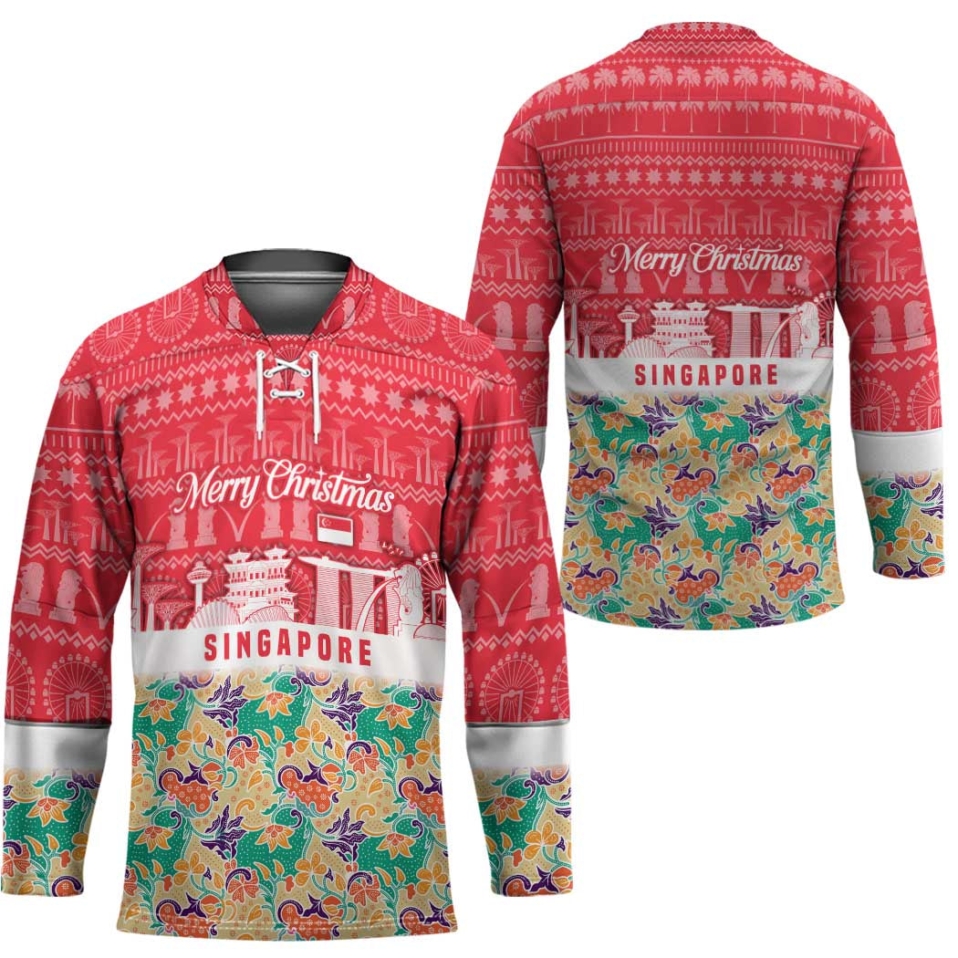 Singapore Christmas Hockey Jersey with Skyline Batik Patterns Landmark Silhouettes and Festive Design - Wonder Print Shop