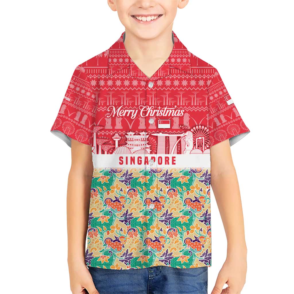 Singapore Christmas Kid Hawaiian Shirt with Skyline Batik Patterns Landmark Silhouettes and Festive Design - Wonder Print Shop