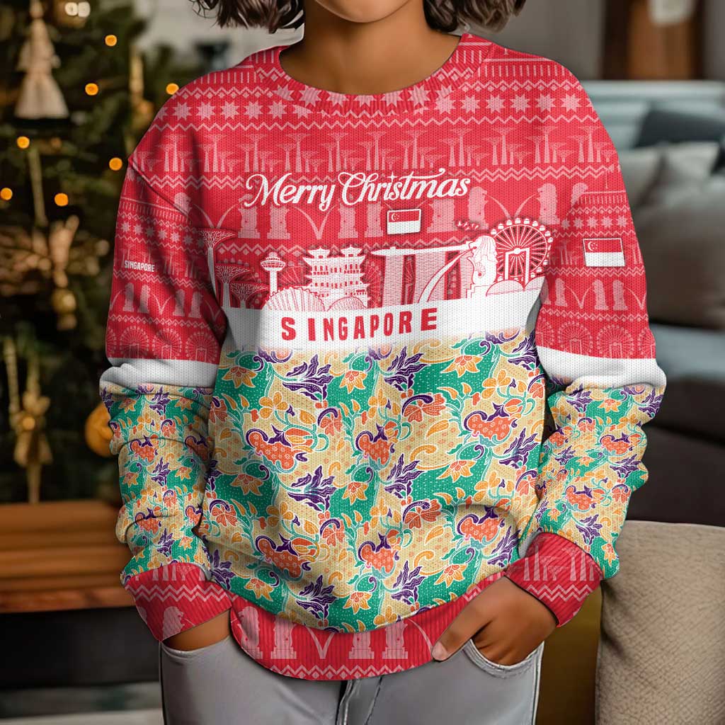 Singapore Christmas Kid Ugly Christmas Sweater with Skyline Batik Patterns Landmark Silhouettes and Festive Design - Wonder Print Shop