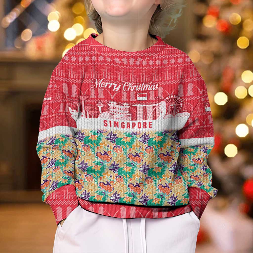 Singapore Christmas Kid Ugly Christmas Sweater with Skyline Batik Patterns Landmark Silhouettes and Festive Design - Wonder Print Shop