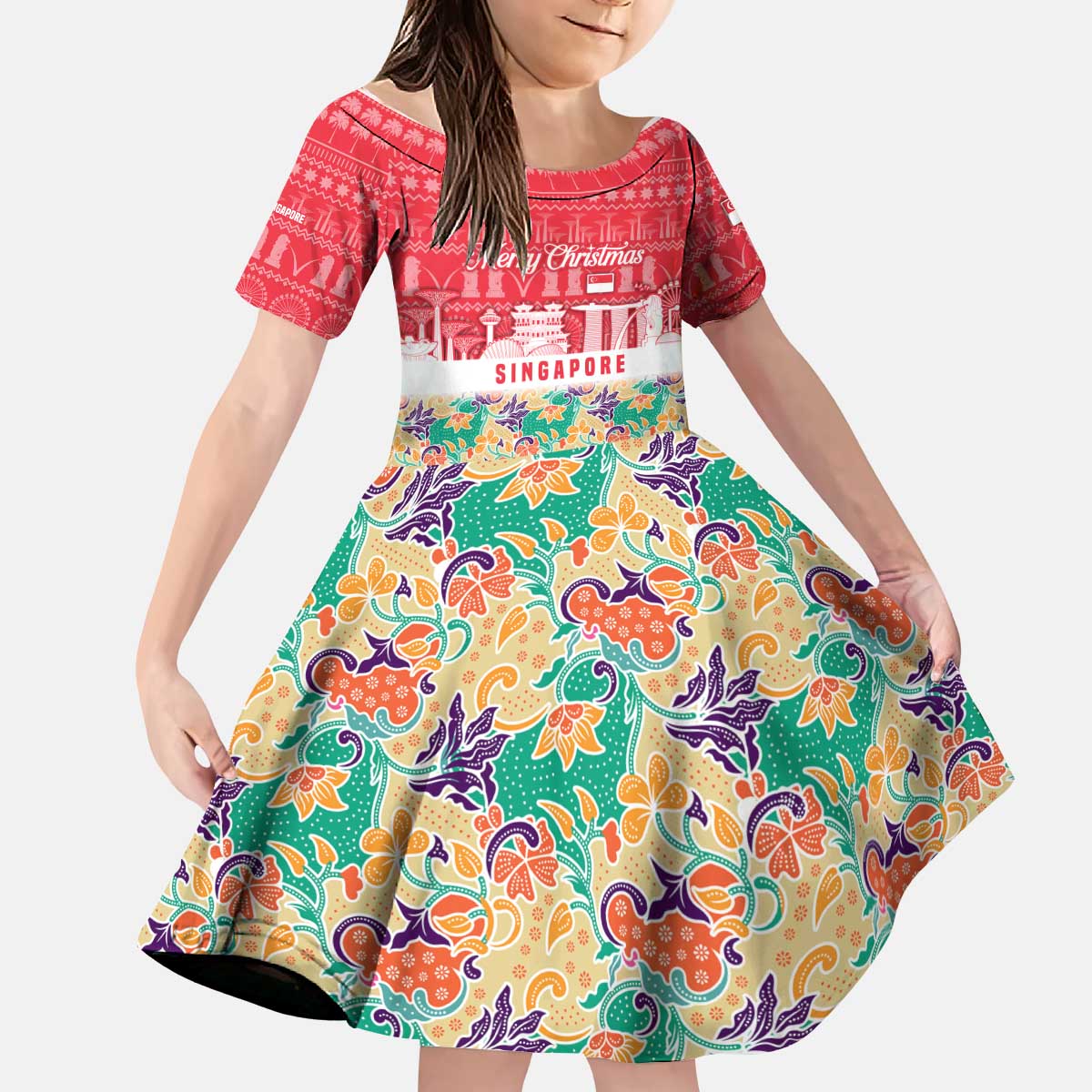 Singapore Christmas Kid Short Sleeve Dress with Skyline Batik Patterns Landmark Silhouettes and Festive Design - Wonder Print Shop