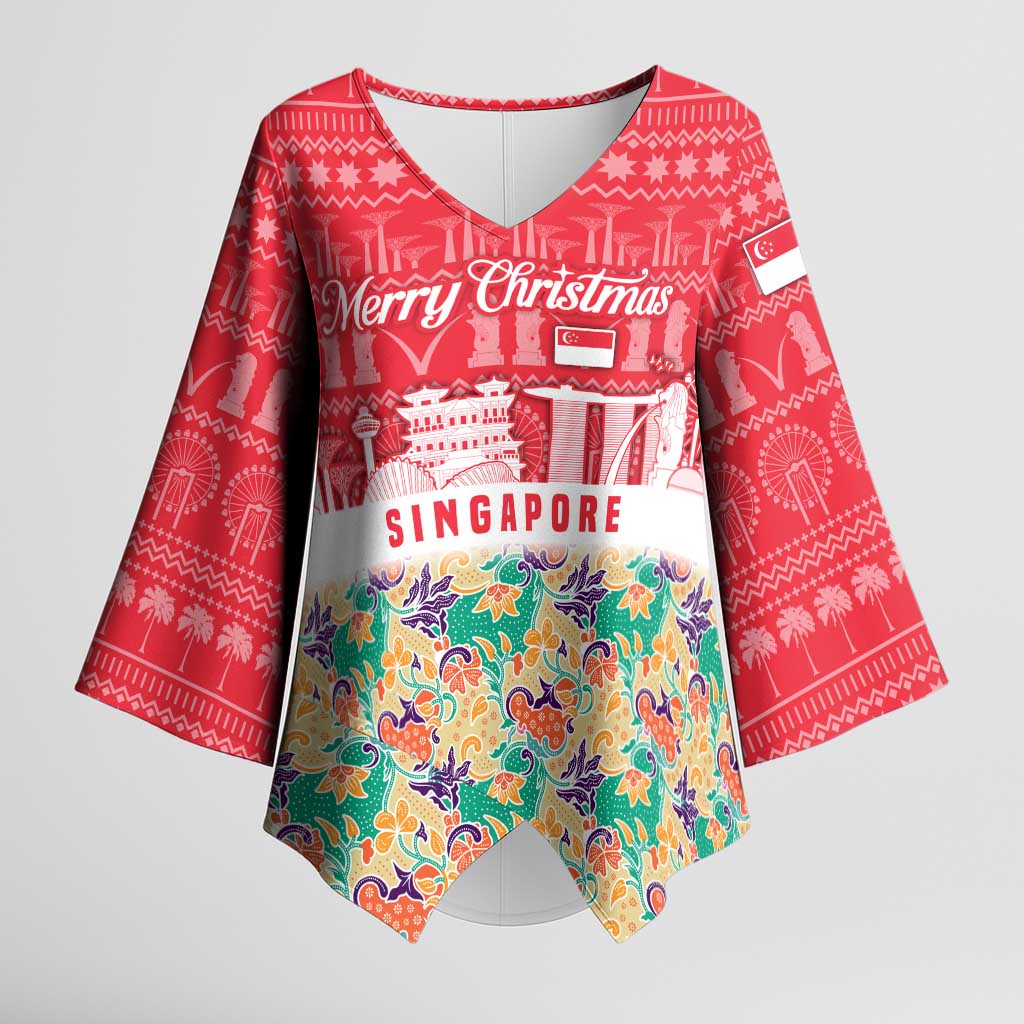 Singapore Christmas Kimono Sleeve Blouse with Skyline Batik Patterns Landmark Silhouettes and Festive Design - Wonder Print Shop