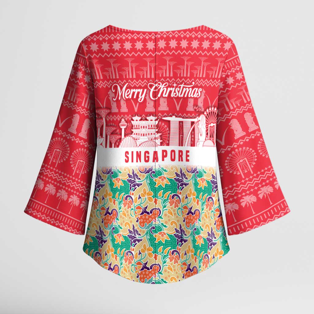 Singapore Christmas Kimono Sleeve Blouse with Skyline Batik Patterns Landmark Silhouettes and Festive Design - Wonder Print Shop