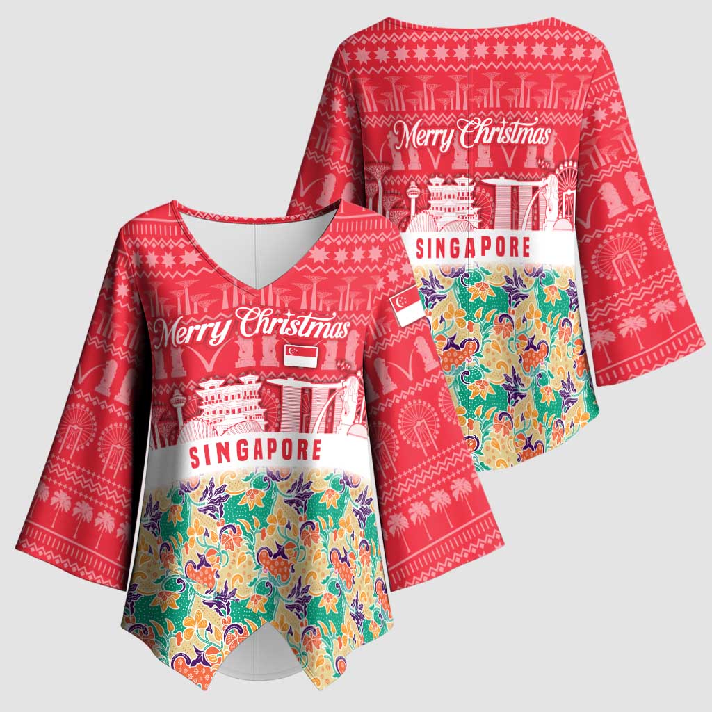 Singapore Christmas Kimono Sleeve Blouse with Skyline Batik Patterns Landmark Silhouettes and Festive Design - Wonder Print Shop