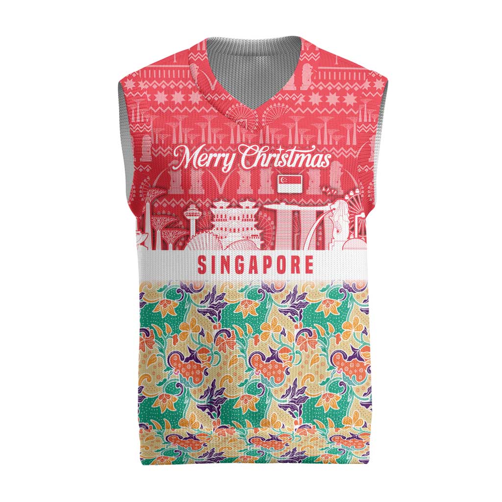 Singapore Christmas Knitted V-Neck Vest with Skyline Batik Patterns Landmark Silhouettes and Festive Design - Wonder Print Shop