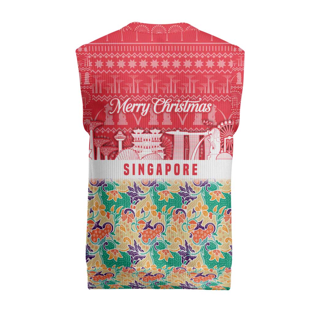 Singapore Christmas Knitted V-Neck Vest with Skyline Batik Patterns Landmark Silhouettes and Festive Design - Wonder Print Shop
