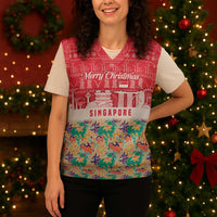 Singapore Christmas Knitted V-Neck Vest with Skyline Batik Patterns Landmark Silhouettes and Festive Design - Wonder Print Shop