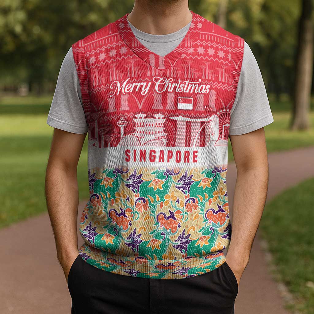Singapore Christmas Knitted V-Neck Vest with Skyline Batik Patterns Landmark Silhouettes and Festive Design - Wonder Print Shop