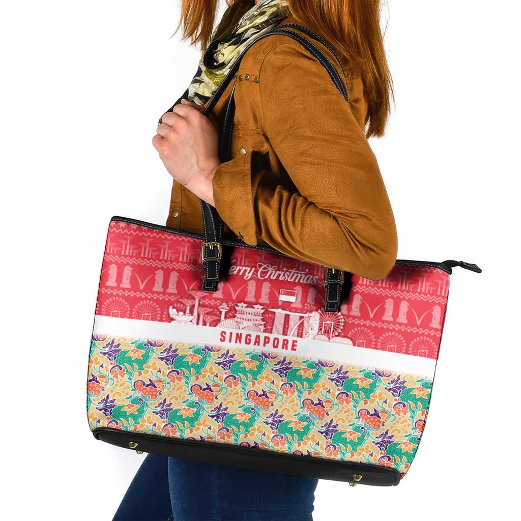 Singapore Christmas Leather Tote Bag with Skyline Batik Patterns Landmark Silhouettes and Festive Design - Wonder Print Shop